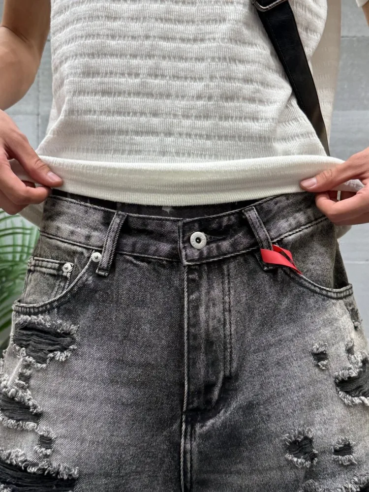 Summer Mens Hole Ripped Denim Shorts Vintage Casual Loose Fit Cowboy Trousers Knee Length Breathable Wide Leg Shorts Streetwear