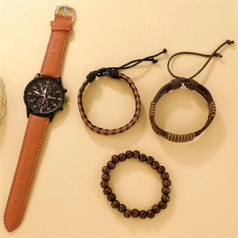 4PCS Set Fashion Mens Business Watches For Men Brown Leather Hand Rope Luxury Man Sport Casual Quartz Wrist Watch Reloj Hombre