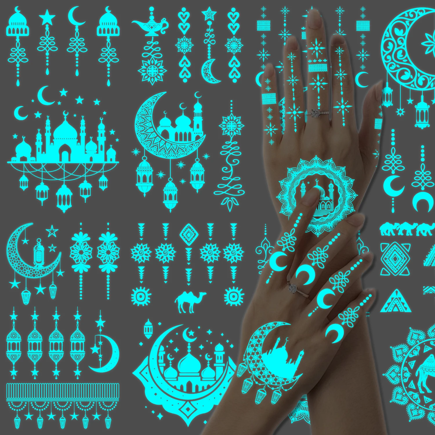 10 Sheets Glow in the Dark Tattoos for Women Girls Luminous Temporary Hand Tattoos Arm Hands and Rave Ramadan Festival Accessori