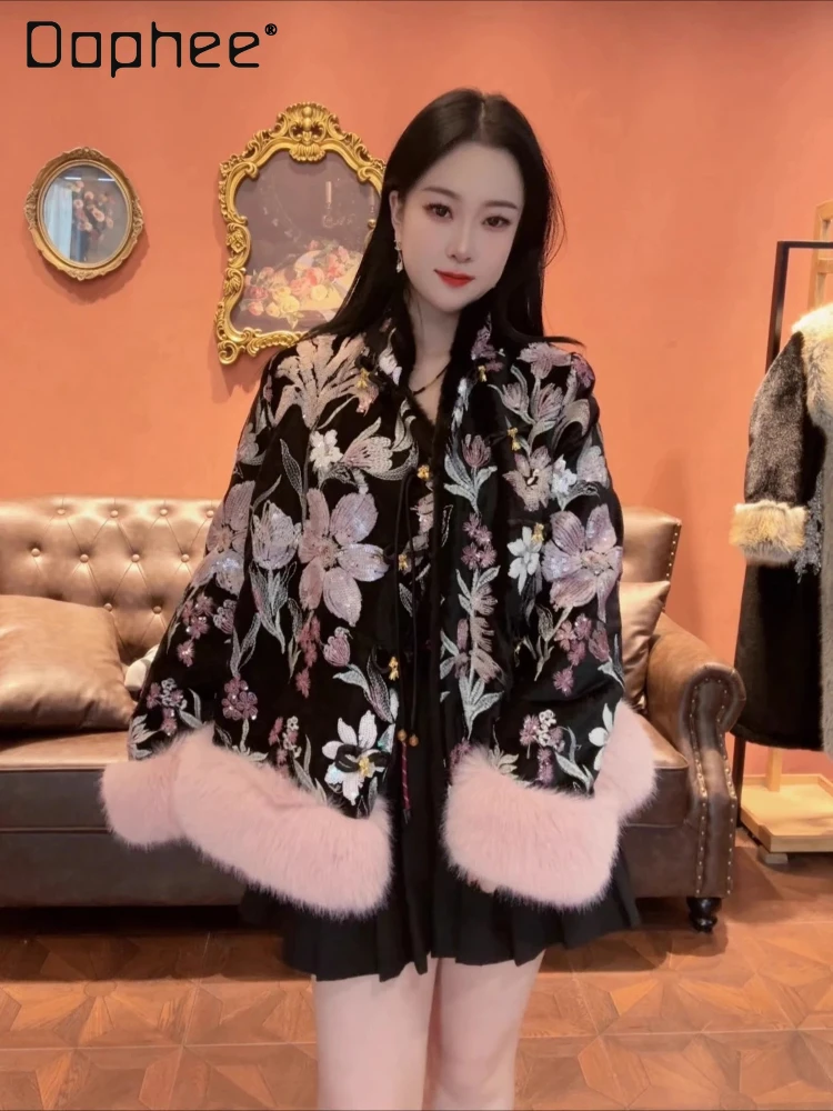 Winter Heavy Industry Sequined Floral National Style Pendant Retro Faux Fur Chinese Style Faux Fur Coat Women