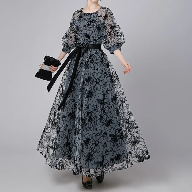 High Quality Elegant O-Neck Dress French Romance Gauze Printed Fashion Long Dresses Women Vestides 2024 New Spring Summer