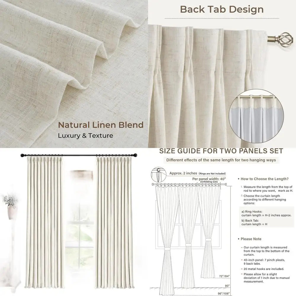 Lin Blend 95 rideaux occultants avec 20 crochets, 40 larges, idéaux pour la maison, naturel (paquet de 2)