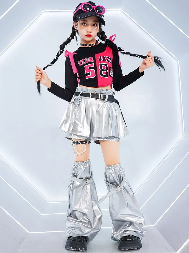 Neues Mädchen-Hip-Hop-Crop-Top, glänzende Cargohose, T-Shirt, Street-Dance-Shorts, Kinder-Streetwear, Kinder-Jazz-Mädchen-Gruppen-Kleidungssets – Detail 5