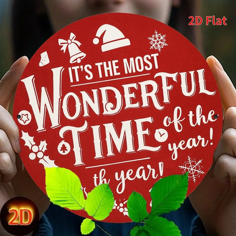 لوحة فنية جدارية معدنية مسطحة، احتفالية "إنه أروع وقتًا لهذا العام" - علامة حديدية مستديرة مقاس 19.81 سم مع رقاقات الثلج والزنجبيل #3