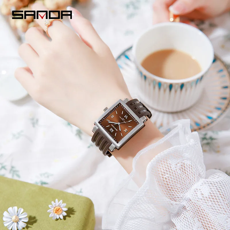 SANDA 3208 Trendy Model Soft Silicone Strap Rectangle Shape Dial Roman Number Waterproof Quartz Movement Analog Wrist Watch