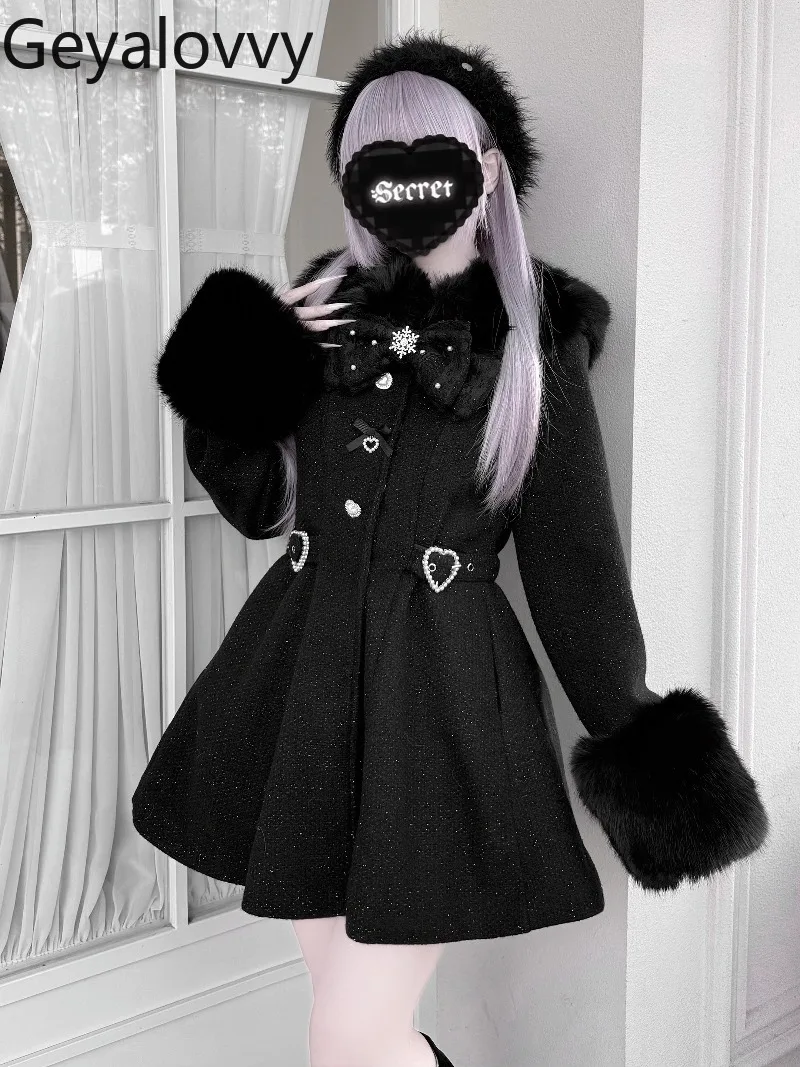 เสื้อโค้ทขนสัตว์แบบยาวปานกลาง ดีไซน์ดั้งเดิม ผลิตจำนวนมาก แต่งโบว์ เอวสูง ทรงเข้ารูป สไตล์ญี่ปุ่น น่ารัก