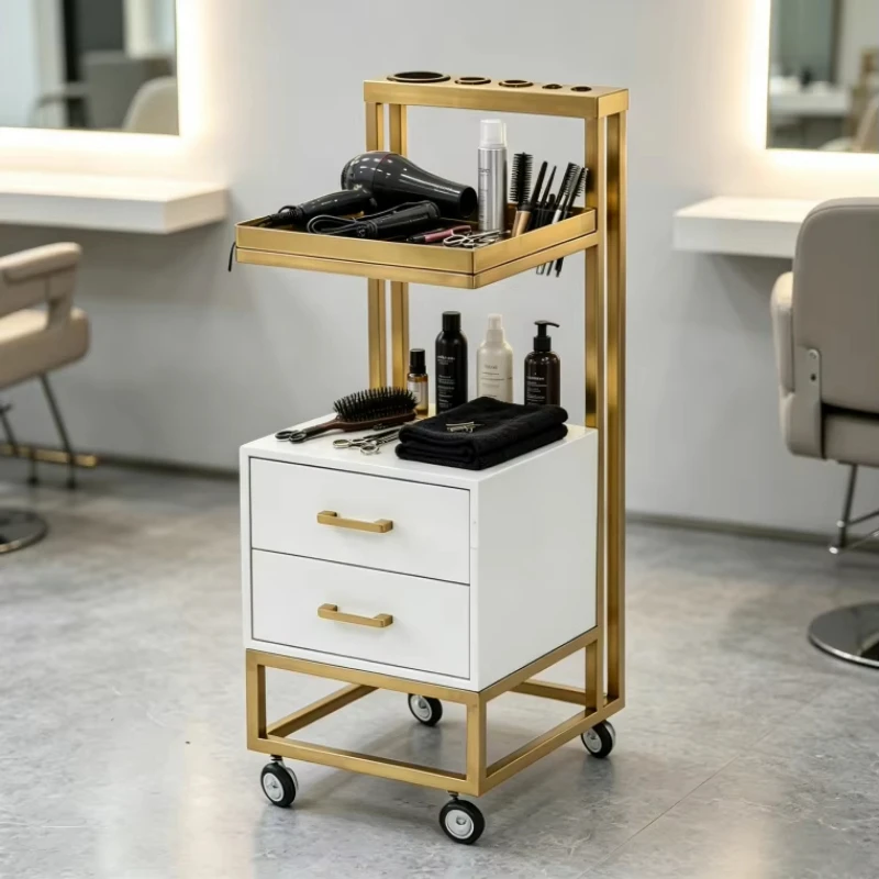 High quality salon beauty trolley, white MDF and gold metal style furniture trolley, barbershop trolley