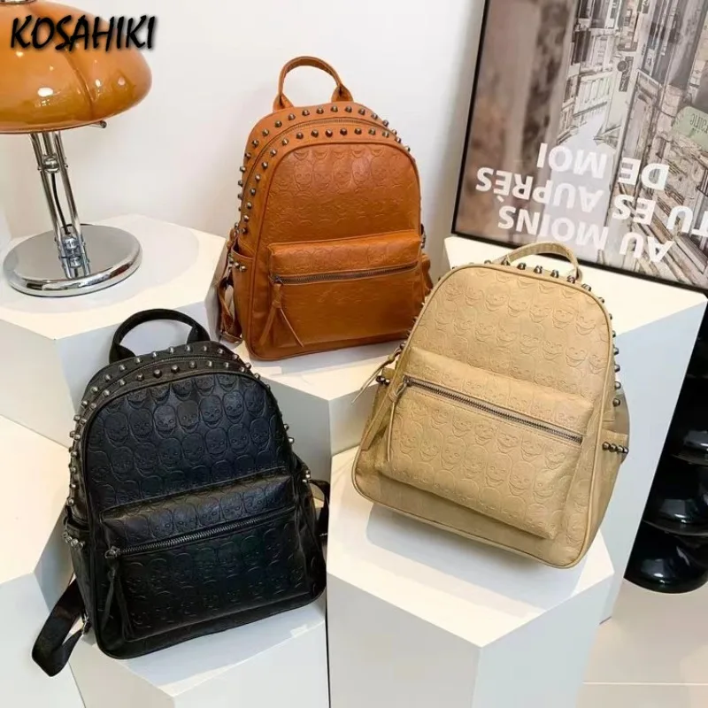 

Japanese Men Punk Rivet Vintage Casual Backpack All Match Y2k Aesthetic Women Schoolbags Students Soft Leather Backpacks Trendy