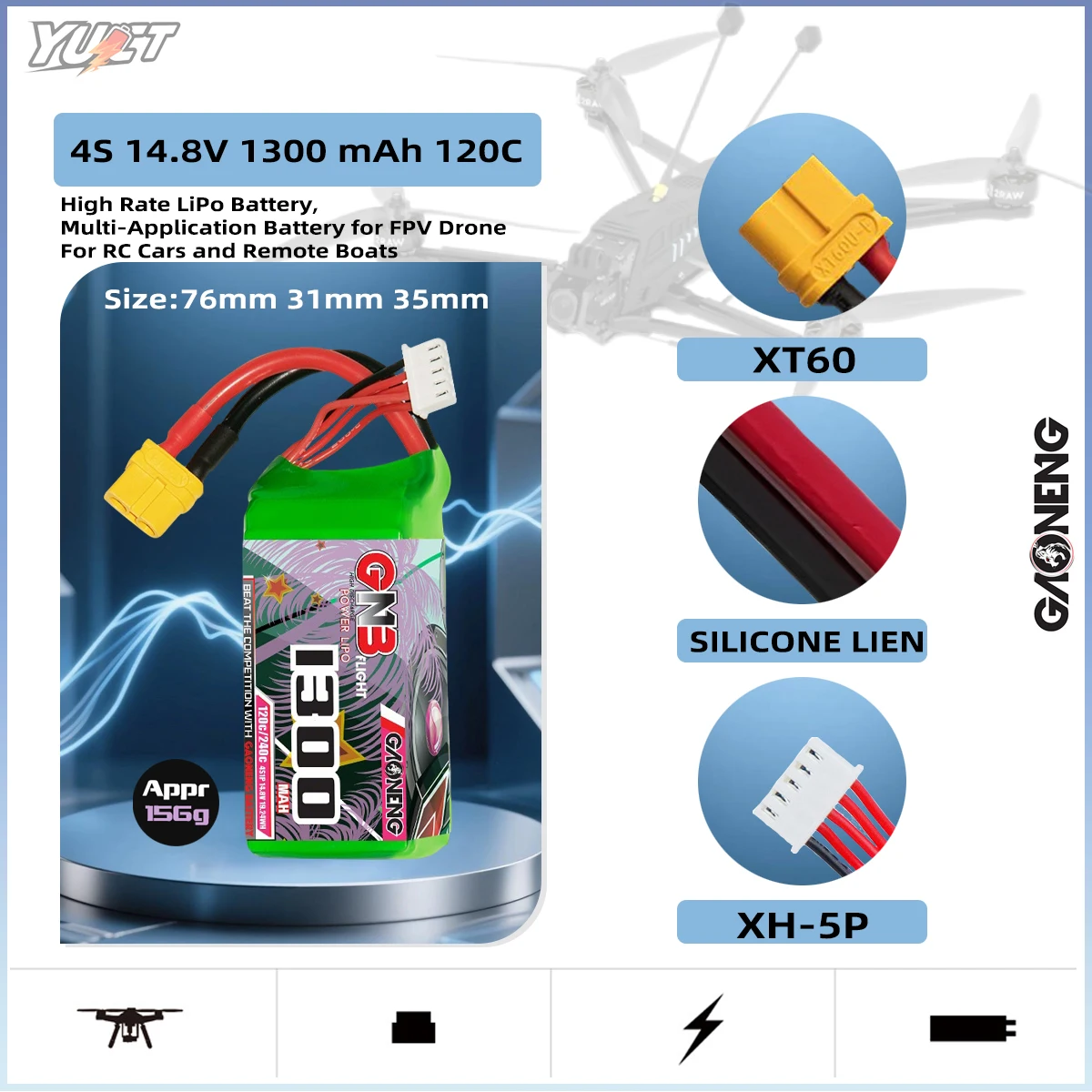 

YUCT GNB 6S LiPo Battery 22.2V 1100mAh 1300mah 14.8V 4S LIthium Battery XT60 120C/Max240C For FPV Drone Quadcopter Tiny Whoop