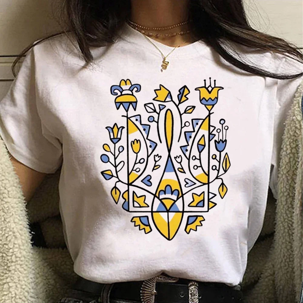 

Ukrainian flag element printed T-shirt, women's pattern T-shirt, Japanese summer top T-shirt, girl's Japanese manga fun T-shirt