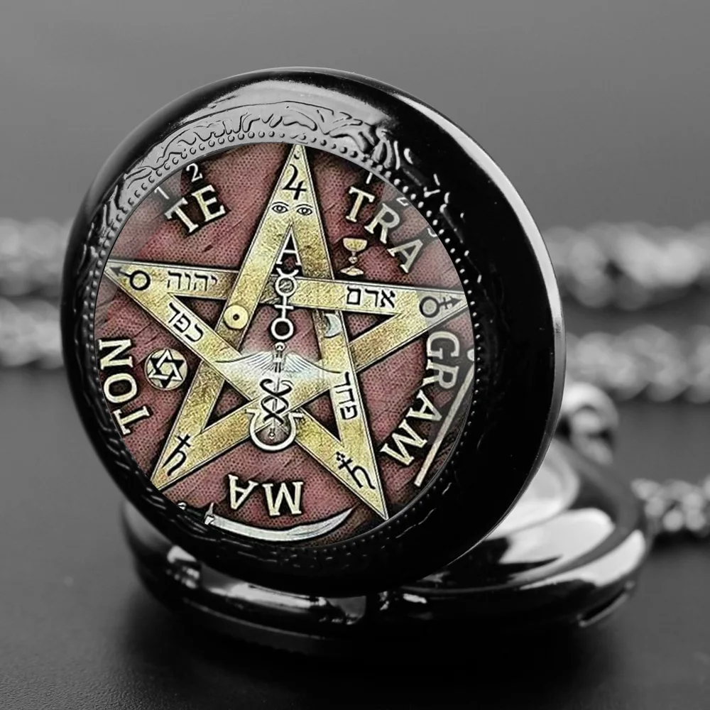 أزياء سوداء الفولاذ المقاوم للصدأTetragramaton تصميم كوارتز ساعة الجيب قلادة المرأة مجوهرات سلسلة بدلاية سحر محظوظ