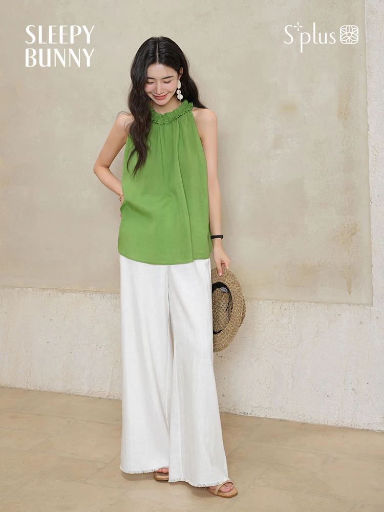 Green Halter Neck Tank Top Women Summer Loose Fit Sleeveless Blouse Lightweight Flowy Cami Vest Casual Chic Solid Color Petite