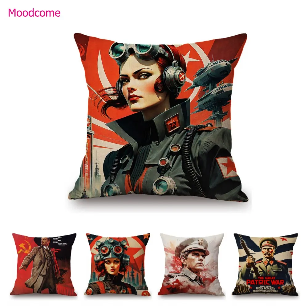 Vintage Retro Red Revolution Soviet Poster Communism Solider Print Decoration Art Sofa Pillow Case Cotton Linen Cushion Cover