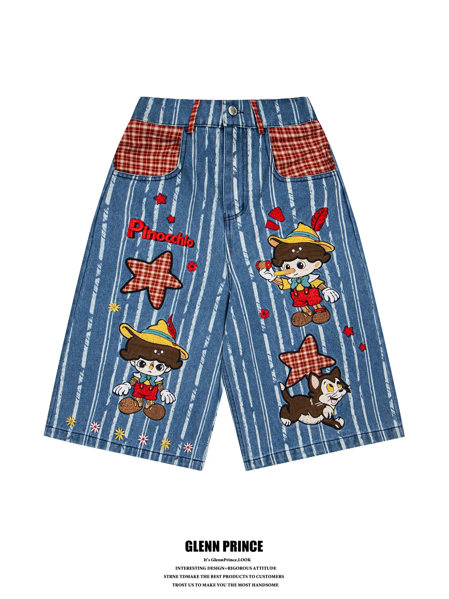 

GPstudio American Retro Cartoon Style Embroidered Striped Loose Leg Men's Jeans Shorts Youth Casual Straight Cut Summer Wear