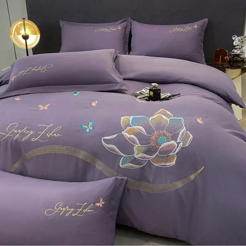 New Class a High Precision Cotton Brushed Embroidery Four-Piece Set Pure Cotton Bed Sheet Duvet Cover