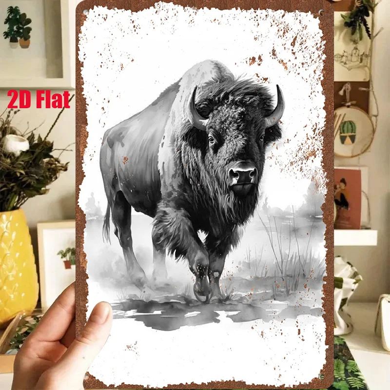 2D Flat - 1pc 2D[Flat] Metal Sign Retro Tin Painting: Magnificent Bison Galloping, 8X12 Inches/20X30 Cm, Suitable for Living Roo