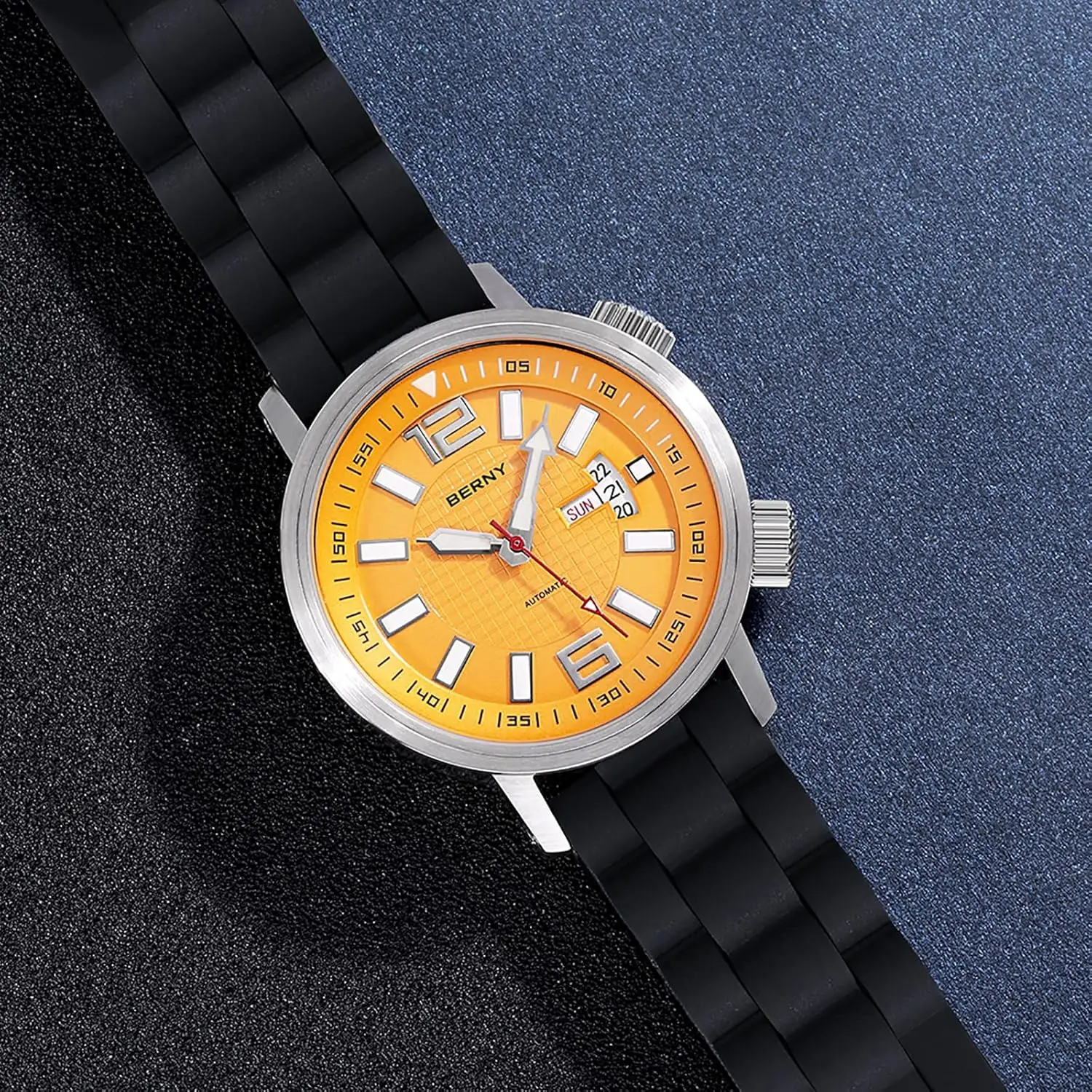 Relógio de mergulho mecânico automático para homens com corda automática, à prova d'água 20ATM, vidro safira, pulseira de silicone super luminosa