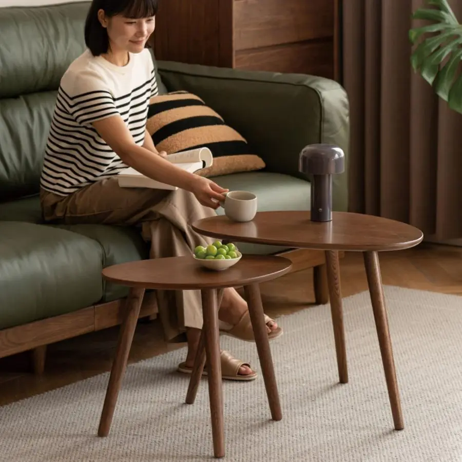 Oval Nesting Table, Mid Century Coffee Tables for Living Room,Solid Oak Wood Side Table,Triangle Tabletop with 3 Legs,Minimalis