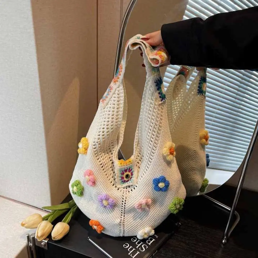 

Cute Hollow Out Flower Knitting Bag Beach Handbag Tote Bag Beach Bag Bohemian Style Large Capacity Hollow Shoulder Bag Girls