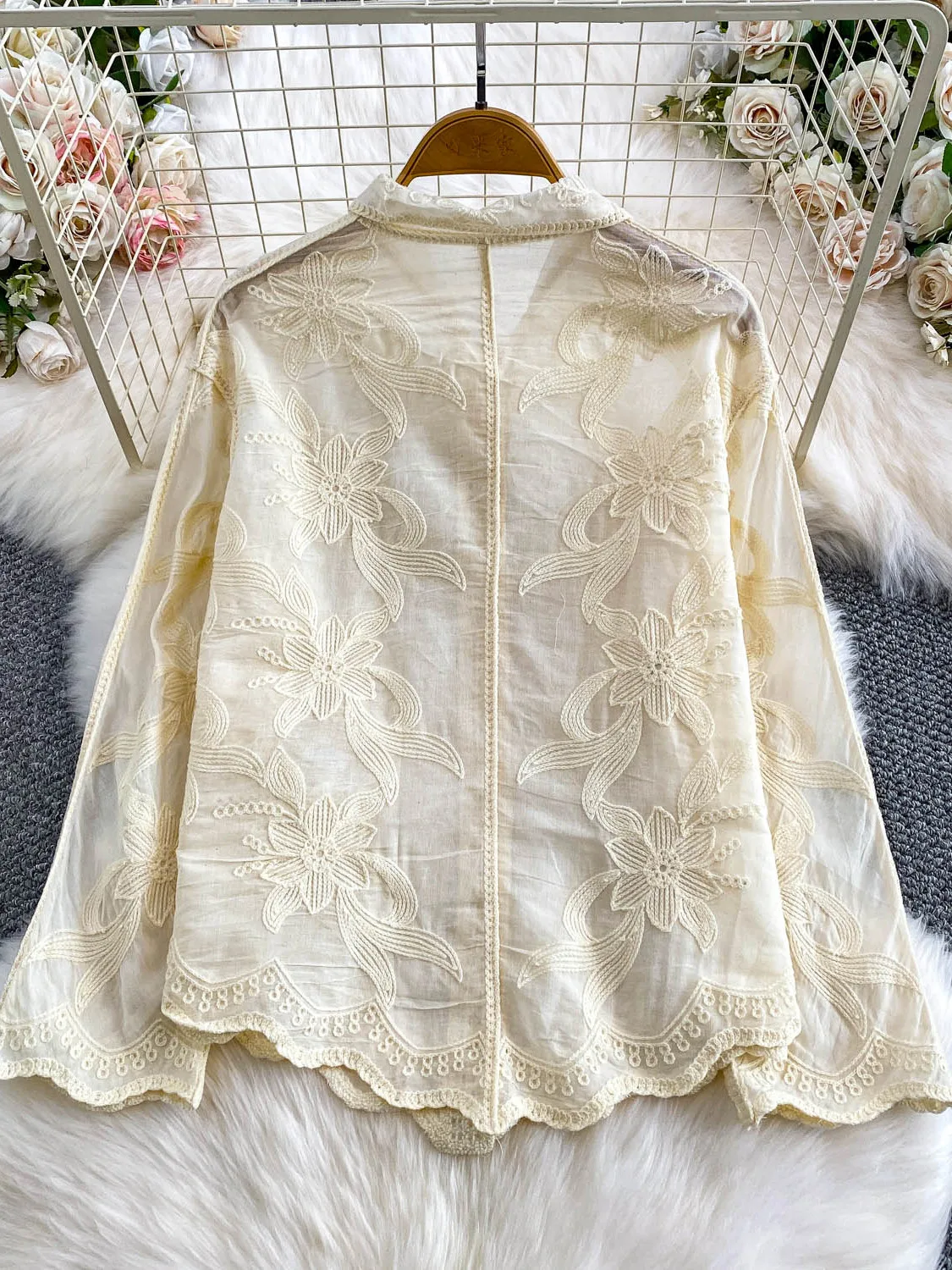 Ele renda gancho bordado pérola botão gola solta feminina irt proteção solar topo para outono inverno uso diário