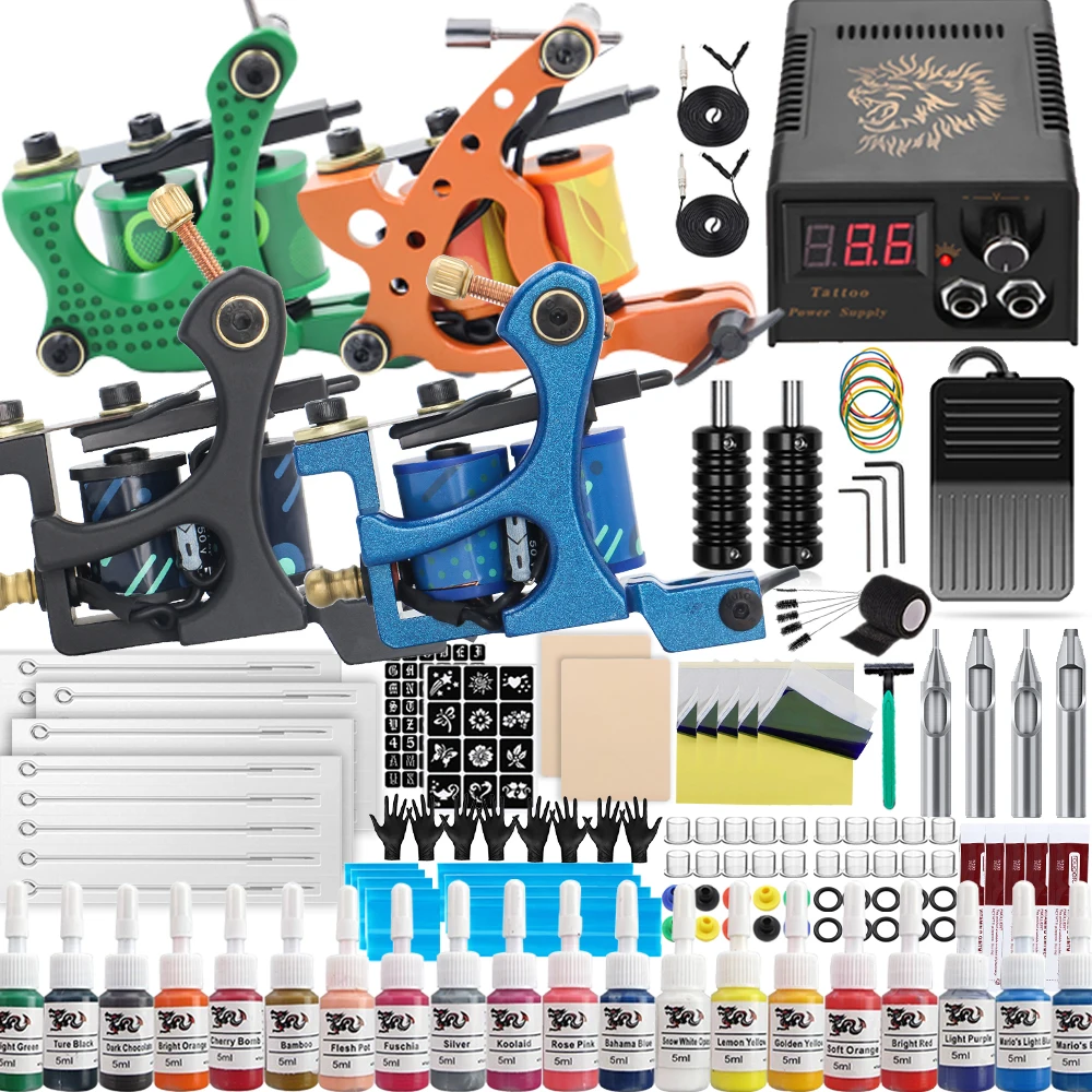 

Complete Coil Tattoo Kit 10 Wraps Coils Tattoo Machine Gun Set Power Supply Needles Inks Makeup Kit for Tattoo Beginners Artists