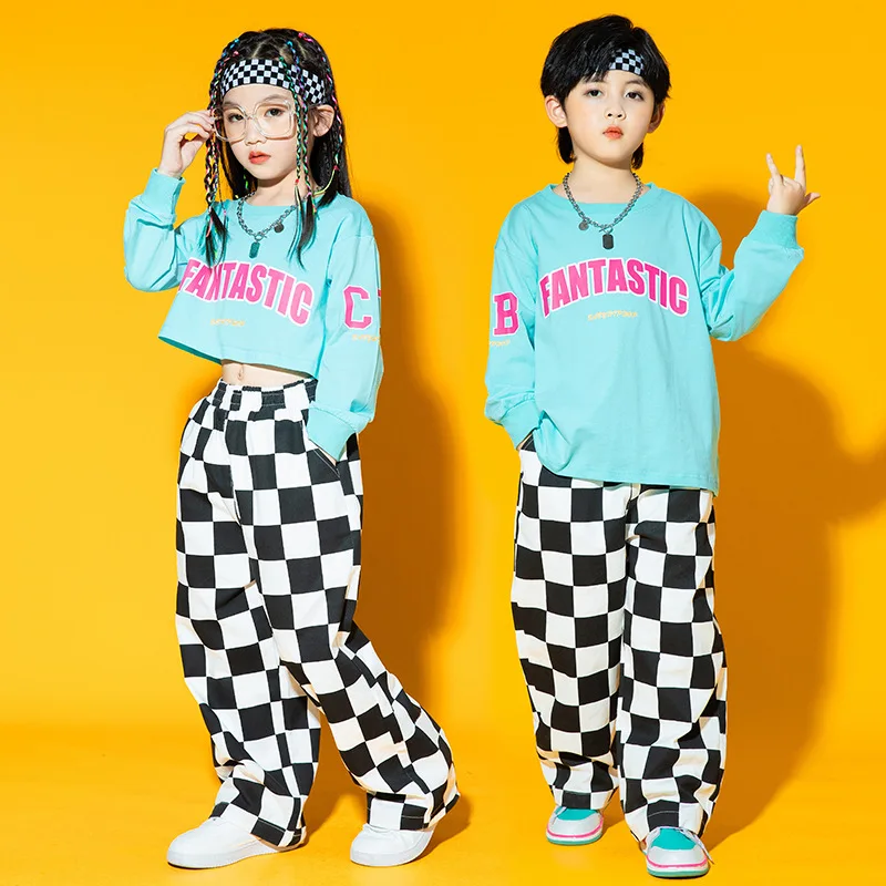 

Boy Hip Hop Dance Costume Girls Cropped Blue Tops Checkered Cargo Pants Girl Modern Jazz Dance Clothes Kids Street Dance Suit