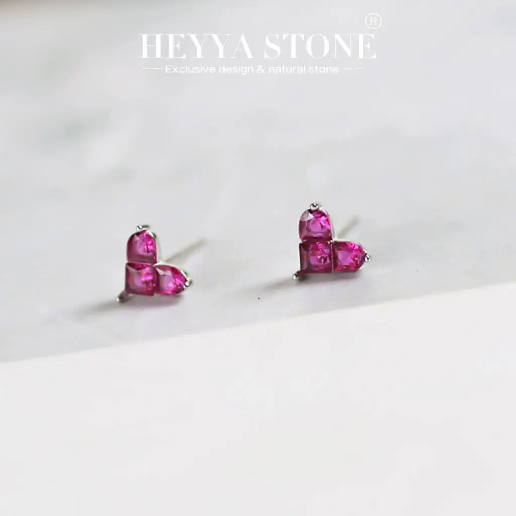 HEYYA STONE Heart Natural Ruby Stud Earrings For Women 925 Silver Simple Fine Jewelry Stone Gemstone Classic Style