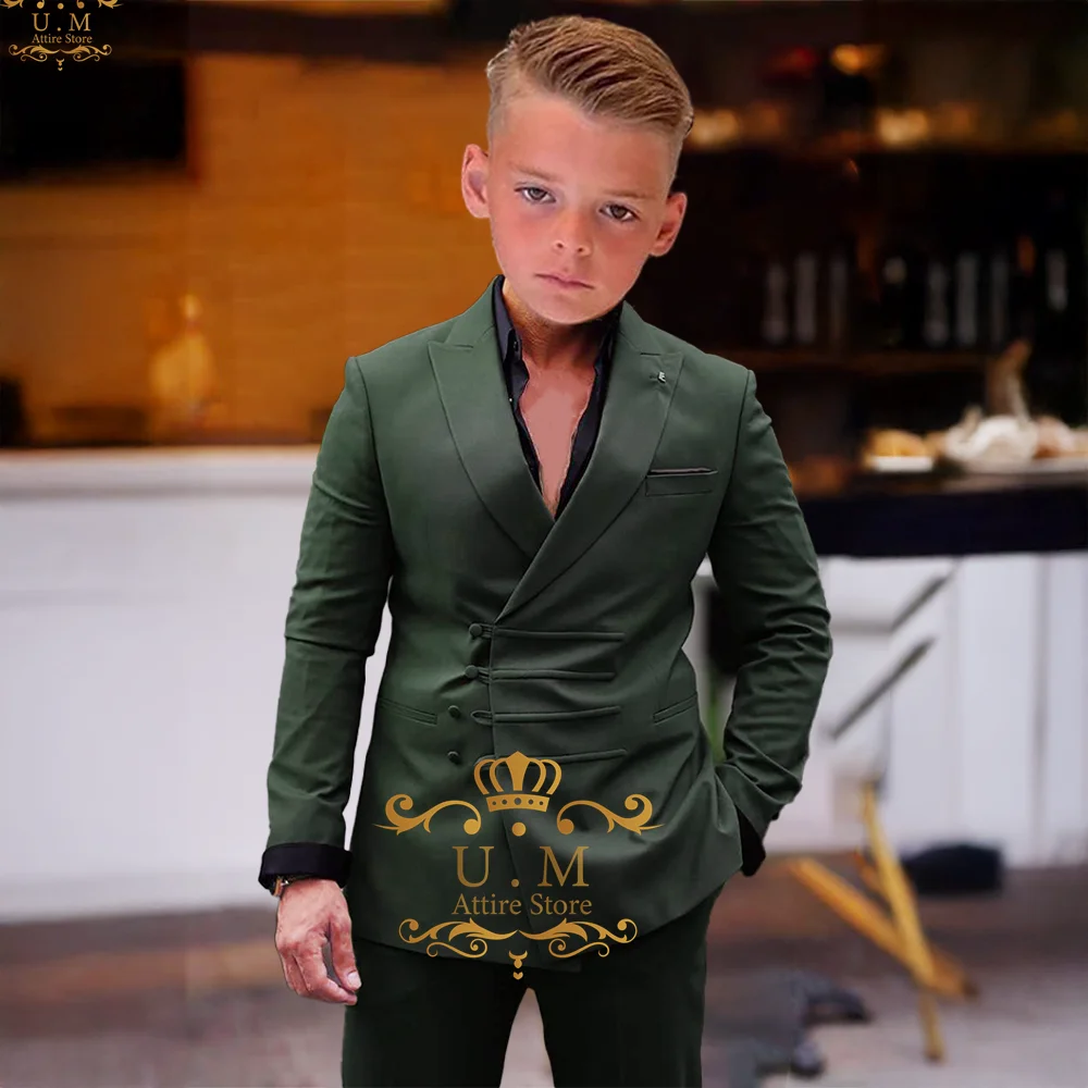 

Haute couture boy's suit 2pcs set dark green peak lapel jacket pants slim fit attire for wedding prom Easter Xmas party tuxedo