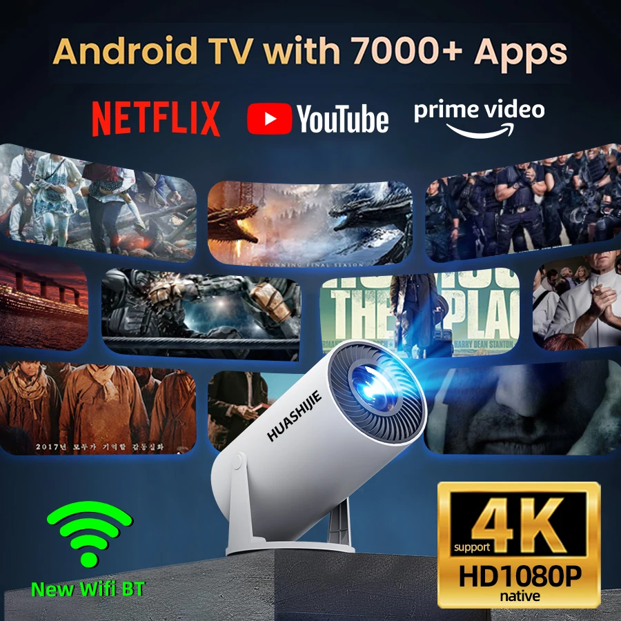 

Умный HD-проектор с Wi-Fi, разрешение 1080P, поддержка 4K, домашний кинотеатр на Android, встроенные динамики, подарок на Рождество и День святого Валентина