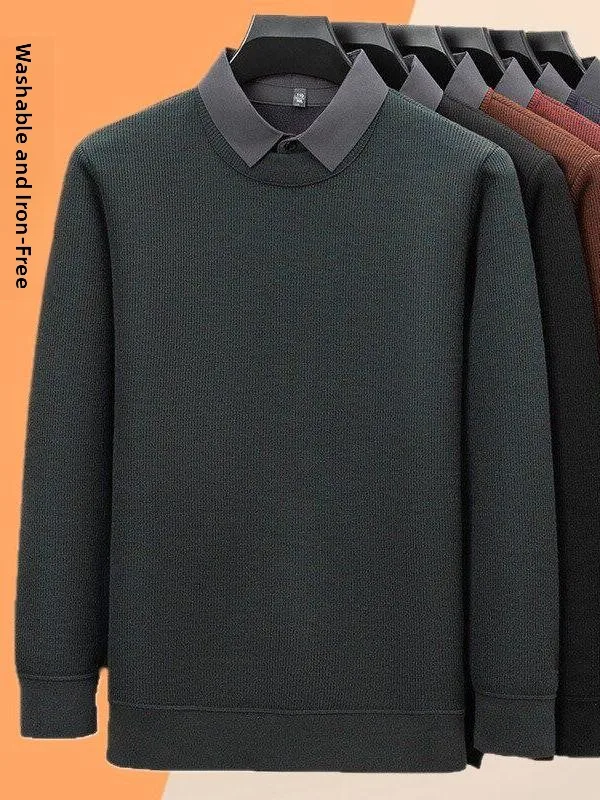 

Вязаный свитер на флисовой подкладке с рукавом три четверти, отложным воротником, цельный, теплый зимний топ для мужчин среднего возраста