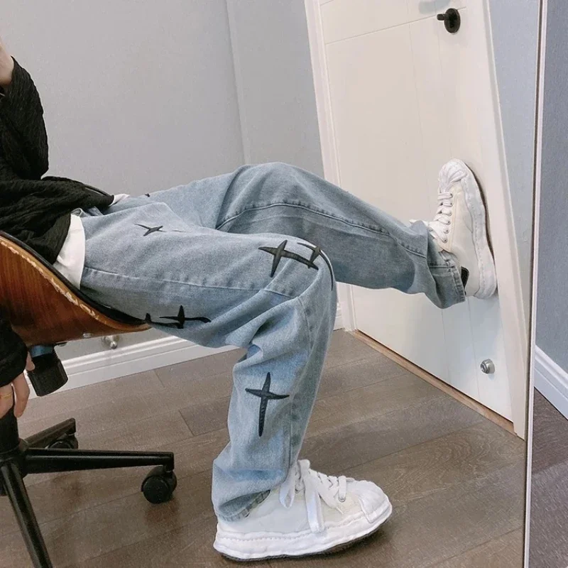 Straight Jeans Men Loose Spring and Fall New Fashion Trend Casual Nine-minute Pants High Street Wide-leg Pants Baggy Jeans