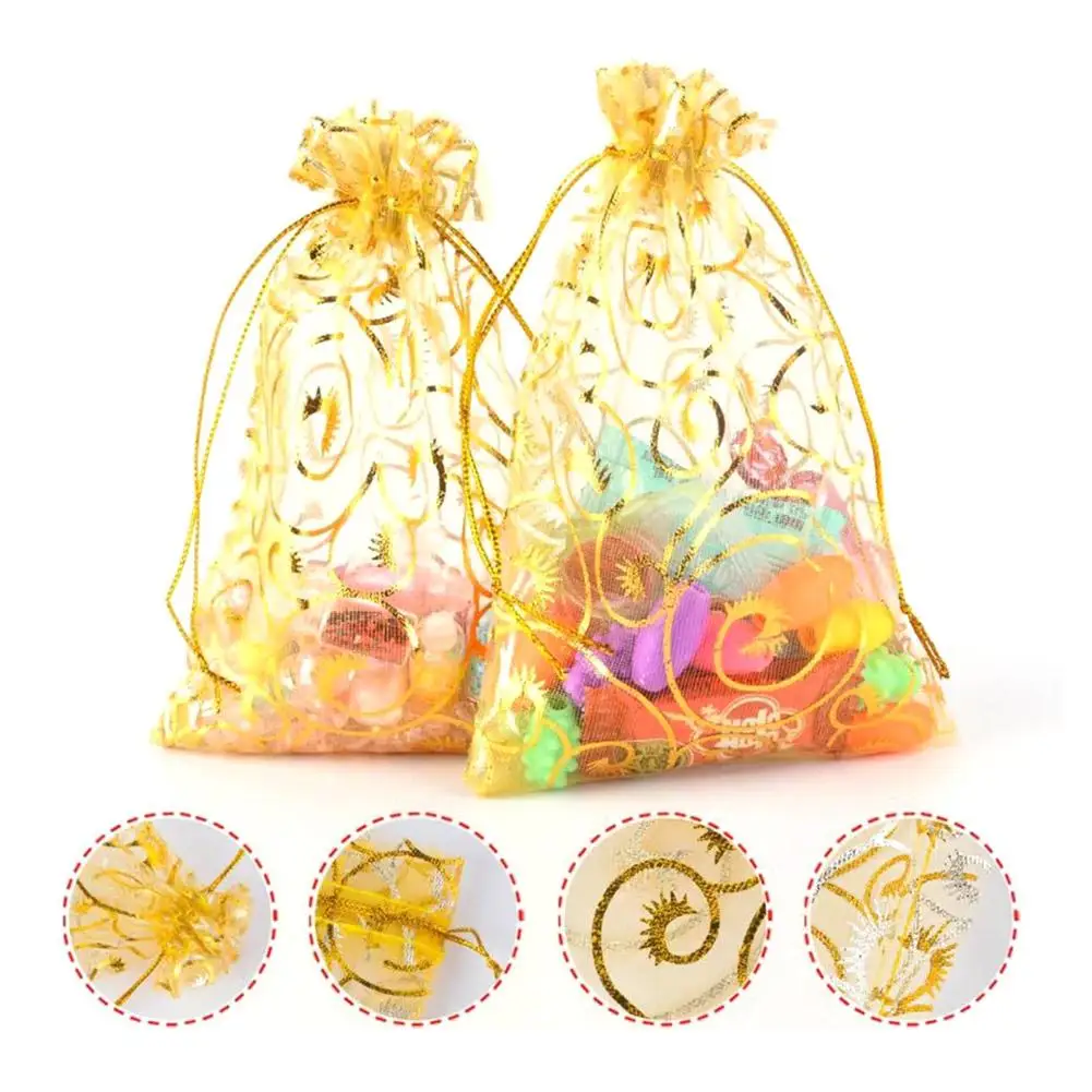 100/200 個シマーゴールドキャンディーバッグ巾着オーガンザバッグギフトバッグポーチクリスマス結婚式誕生日パーティー用