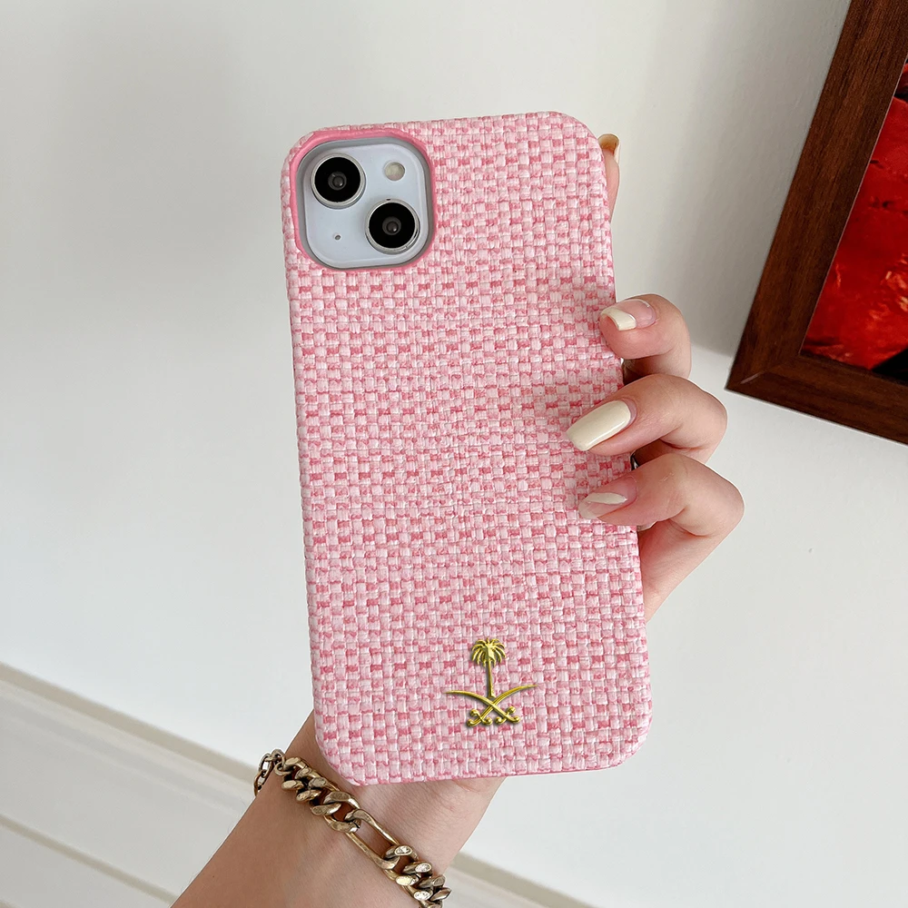 Luxury relief woven pattern 3D metal coconut tree Phone Cover Case For Iphone 15 14 13 12 11 pro max leather hard Coque Fundas