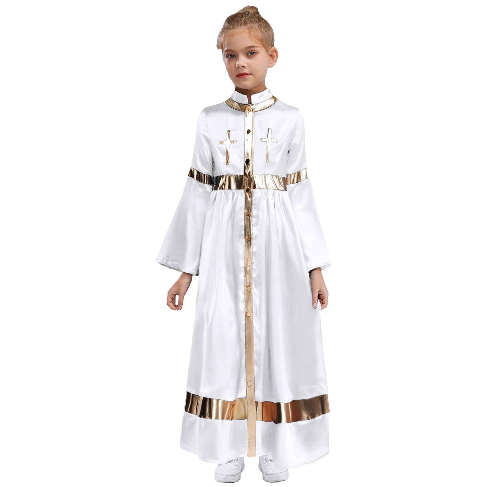 

Kids Girl Halloween Carnival Nun Church Priest Cosplay Dress Satiny Front Cross Robe Dress for Ceremonies Themed Party Uniforms