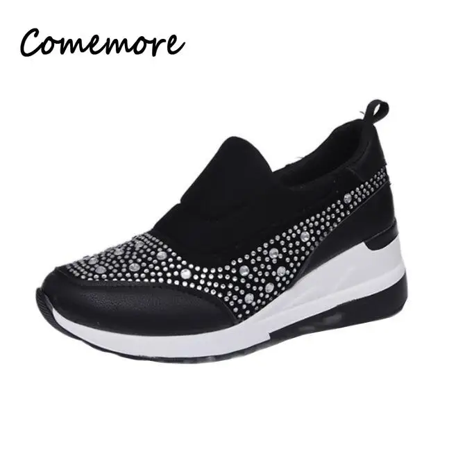 Sneakers Woman\'s High Black White Pink Sneakers for Women Outdoor Sports New Rhinestone Female Wedges Heel Sneaker Spring Autumn