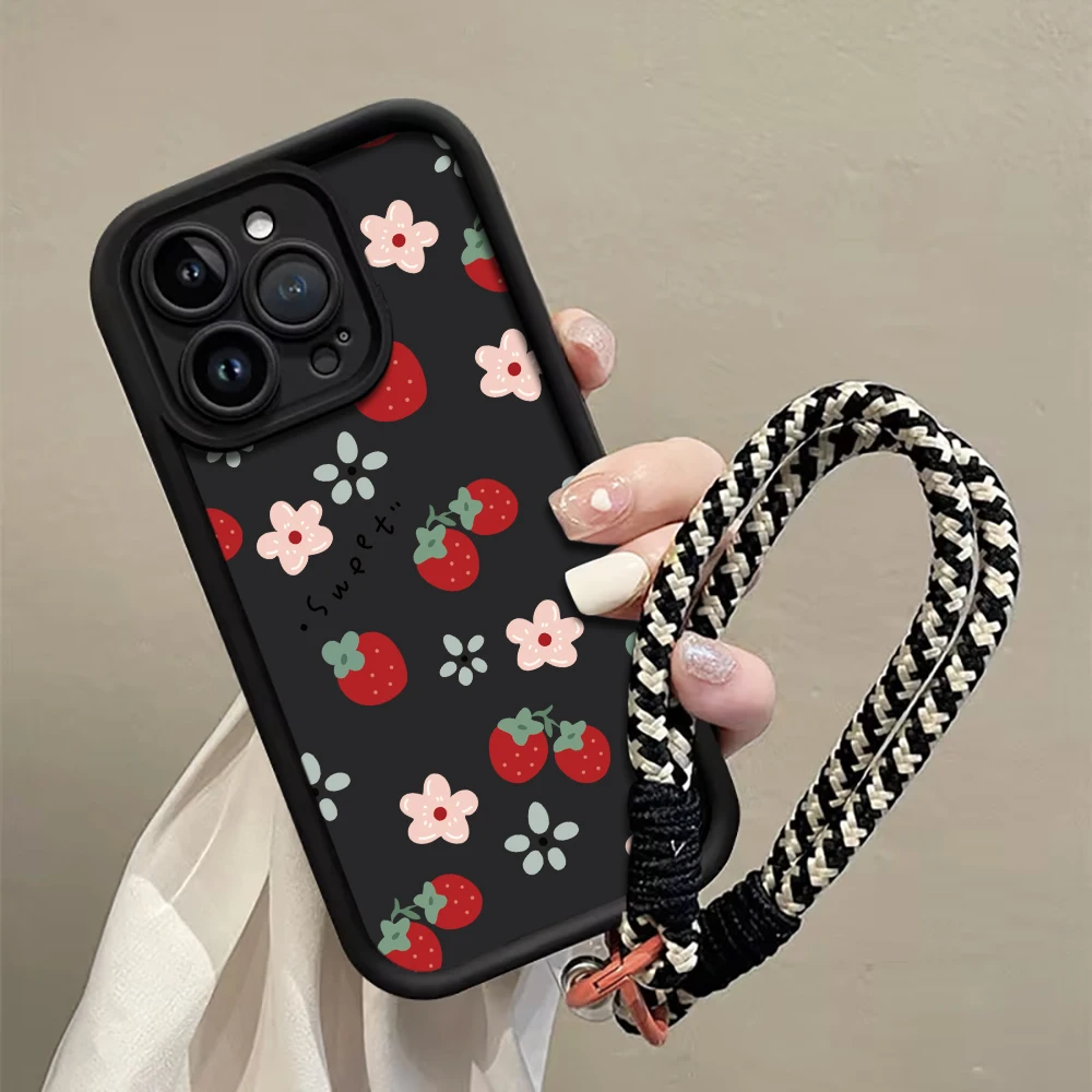 Erdbeer-Blumenmuster Handyhülle mit Trageriemen für iPhone 12 13 14 15 16 17 Pro Max 15 14 13 Plus 17E Stoßfeste Matte Silikonhülle – Detail 1