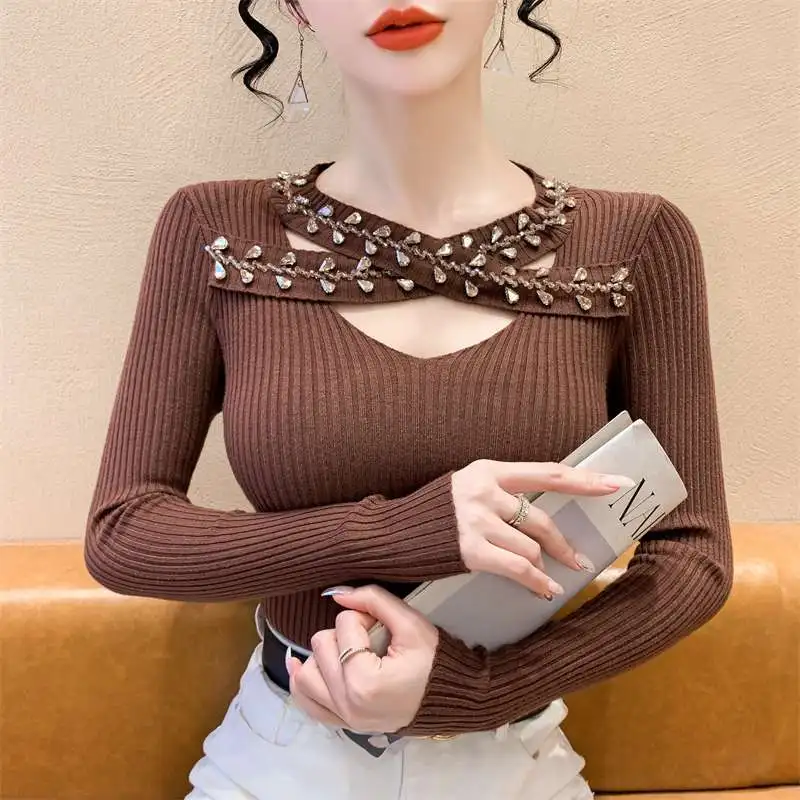 Korean Fashion Autumn Winter Sweaters Women O-Neck Embroidered Flares Hollow Out Chic Long Sleeve Loose Pullovers Knitted Tops