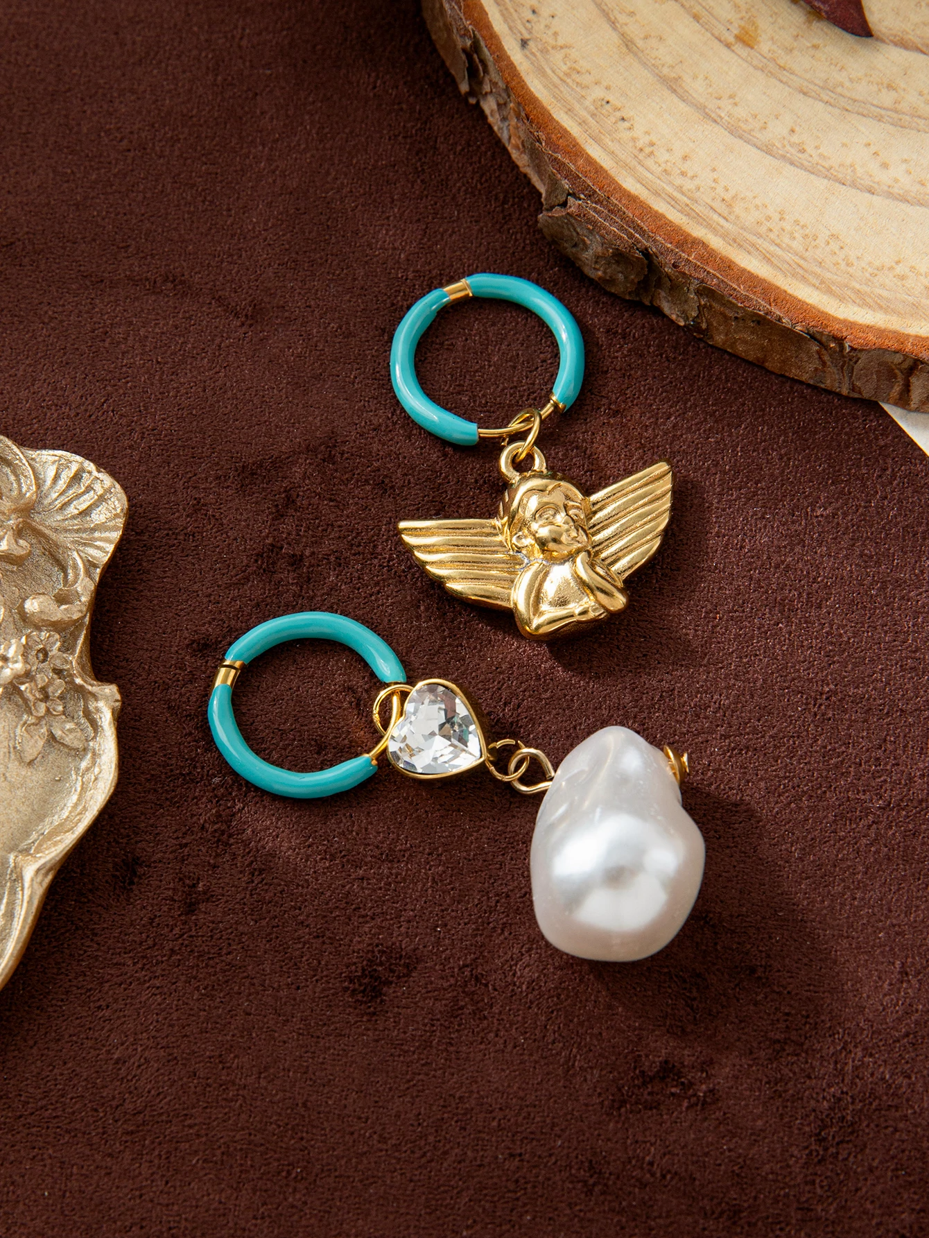 

Gold Hoop Stud Earrings for Women, 18K Gold Plated Stainless Steel Turquoise Angel Pearl Drop Earrings