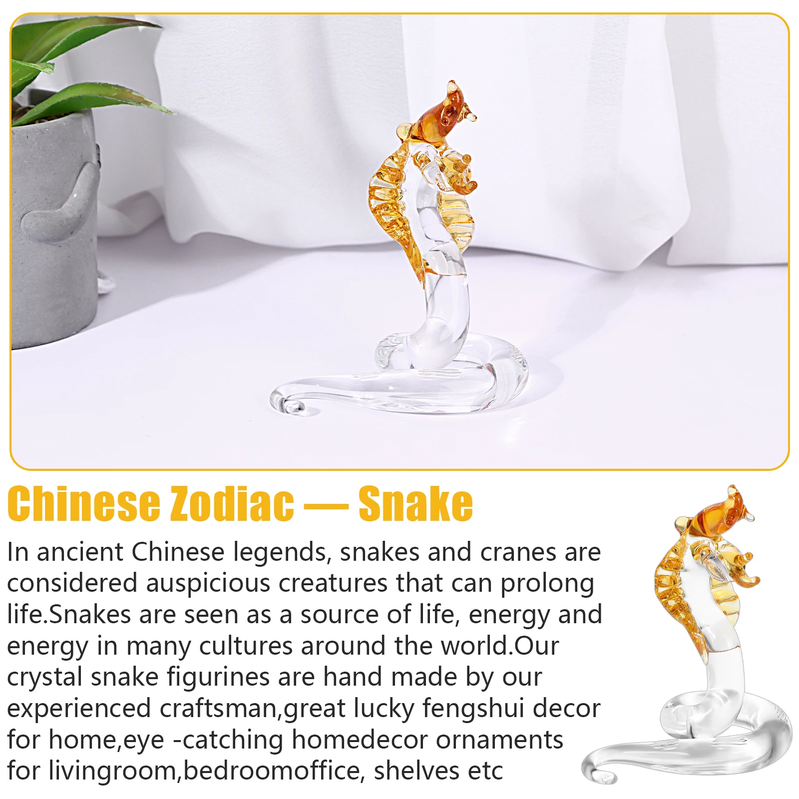 Crystal Snake Statue Hand Blown Glass Snake Figurines Chinese Snake Decoration For Home Lucky Feng Shui Decor 4.3 Inch