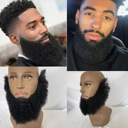 Human Hair Afro Curl Swiss Lace Fake Beard Face Mustache For American Black Men Realistic Makeup Lace Base Replace System 1B