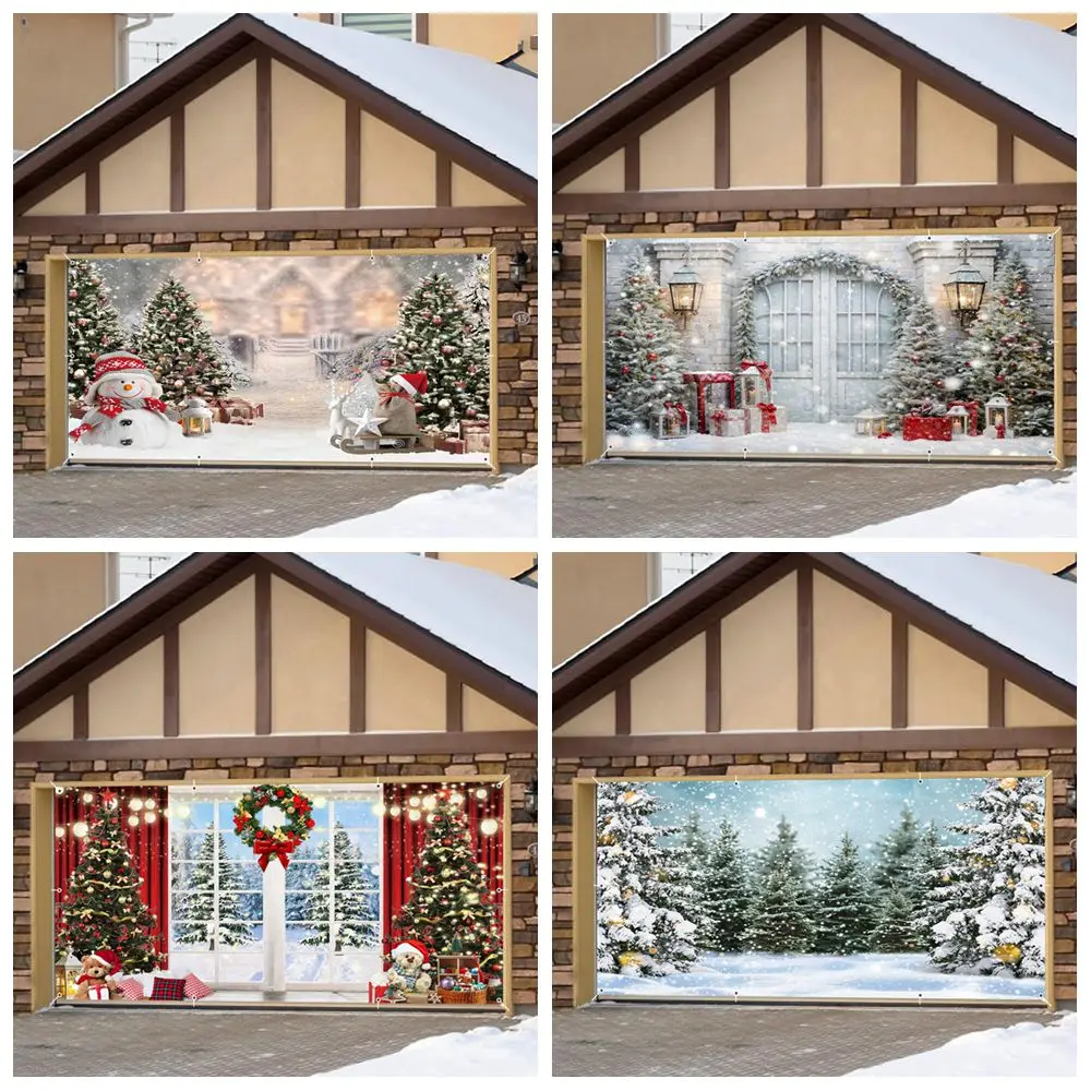 

Winter Christmas Garage Door Banner Decor Backdrop Xmas Tree Snow Pine Trees Garden Yard Festive Party Decoration Background