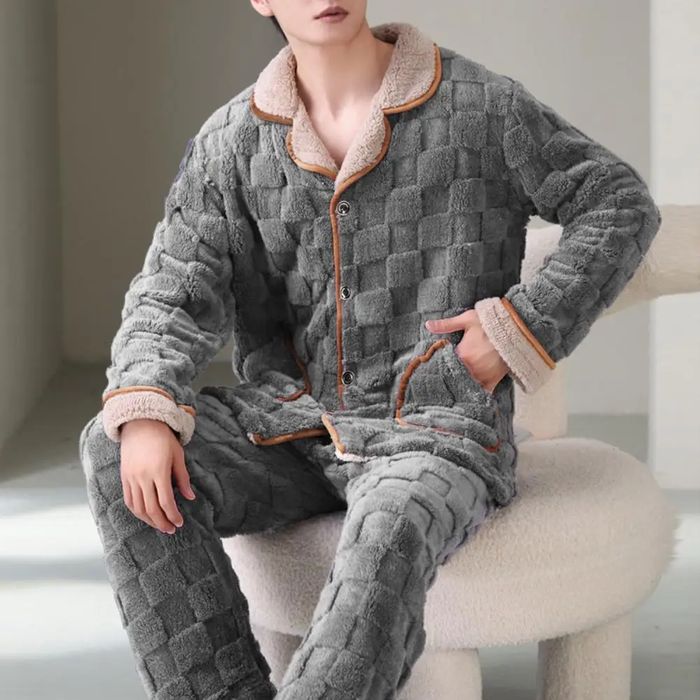 Uomo inverno pigiama in pile corallo peluche caldo monopetto bavero manica lunga cappotto elastico in vita pantaloni Set Homewear Loungewear