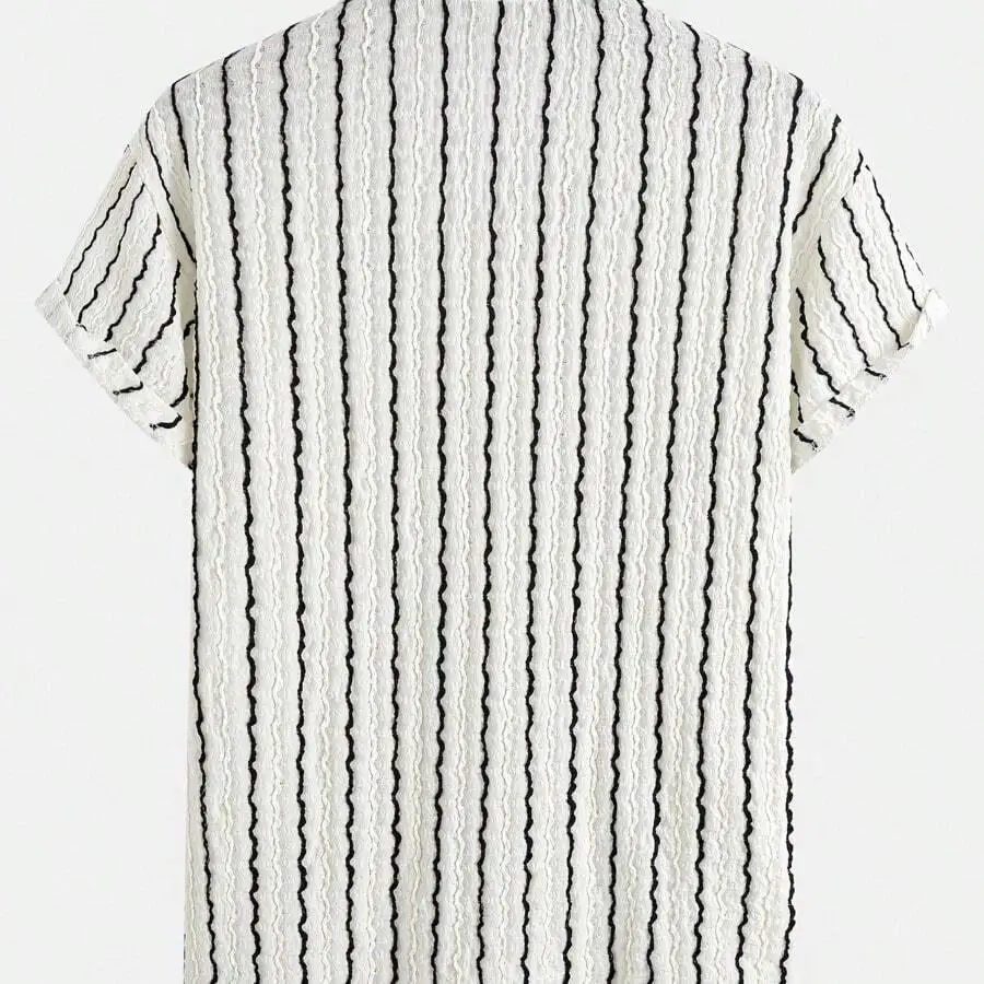 1pc Men's Spring/Summer Casual Vacation Cuban Collar Short Sleeve Shirt, Jacquard Knit Striped Casual Shirt, Made Of Knitted