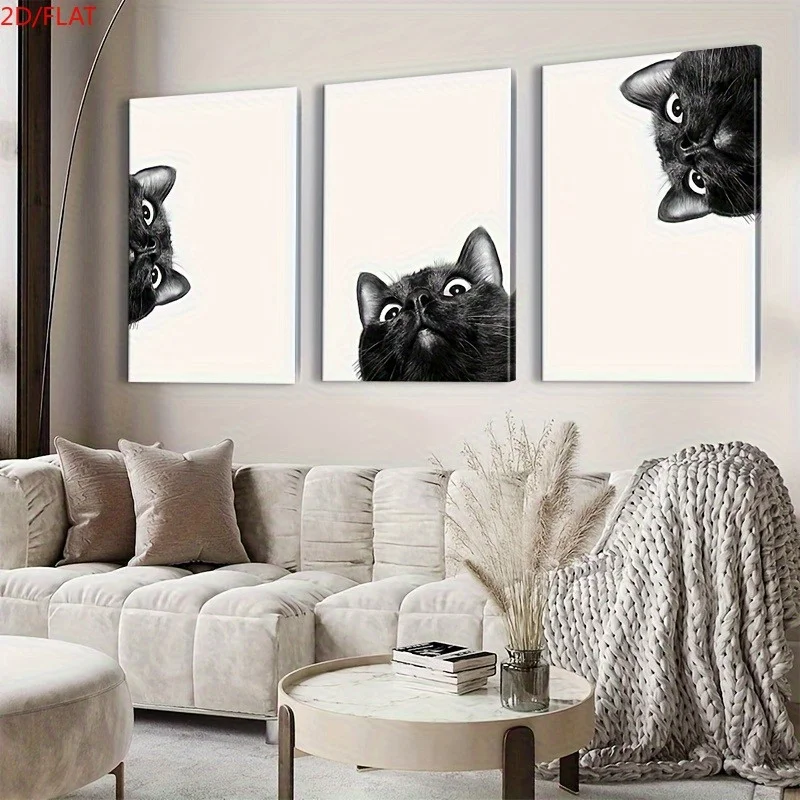 （NO Frame 3PCS）-2D Flat, 2D Flat, 2D/FLAT 3pcs Cute Black Cat Peeking Wall Art Canvas, Fun Black Cat Posters, Farmhouse Anima