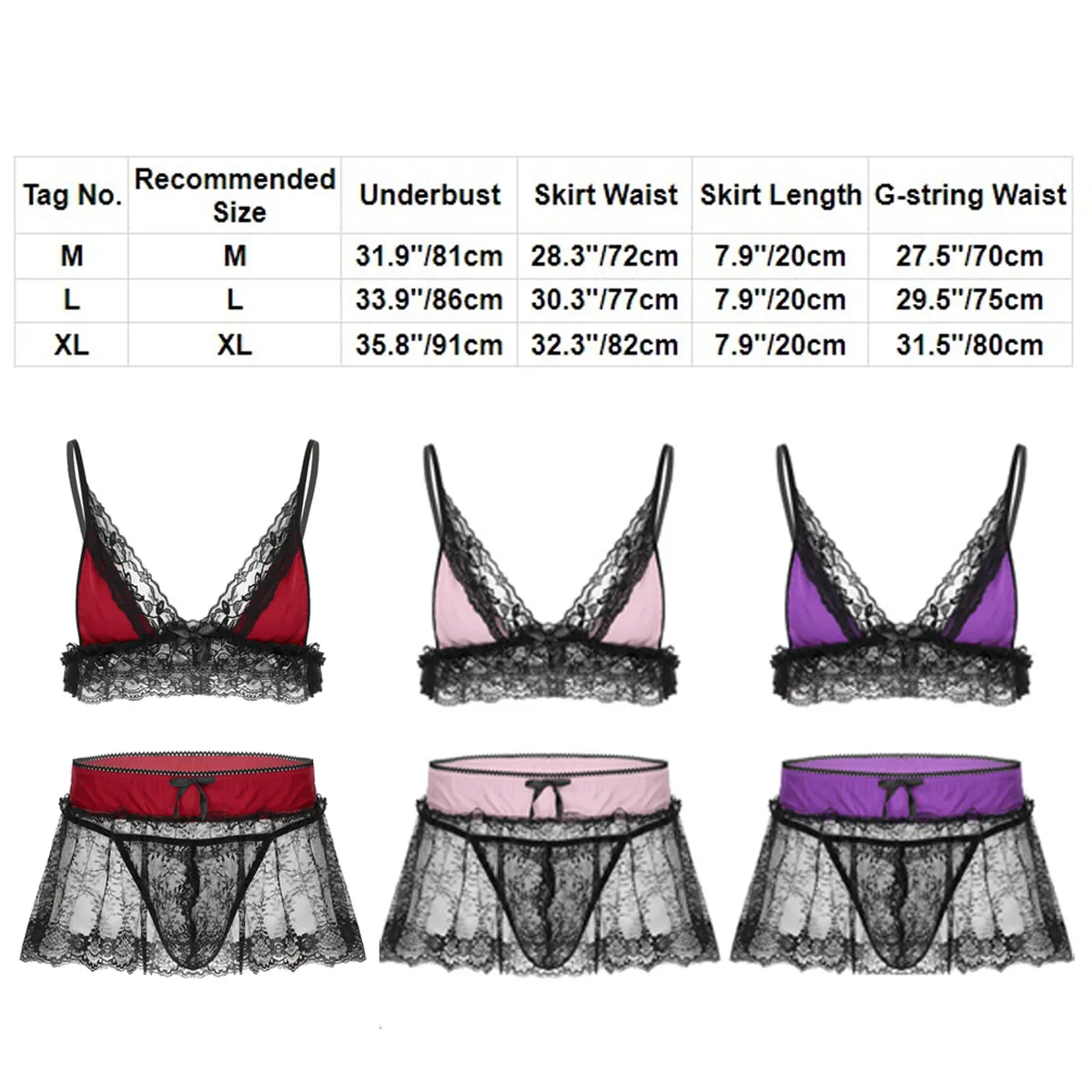 Mens Lace Sissy  Lingerie Set Erotic Crossdress See-though Underwear Spaghetti Straps Bra Top with G-string Panties Briefs