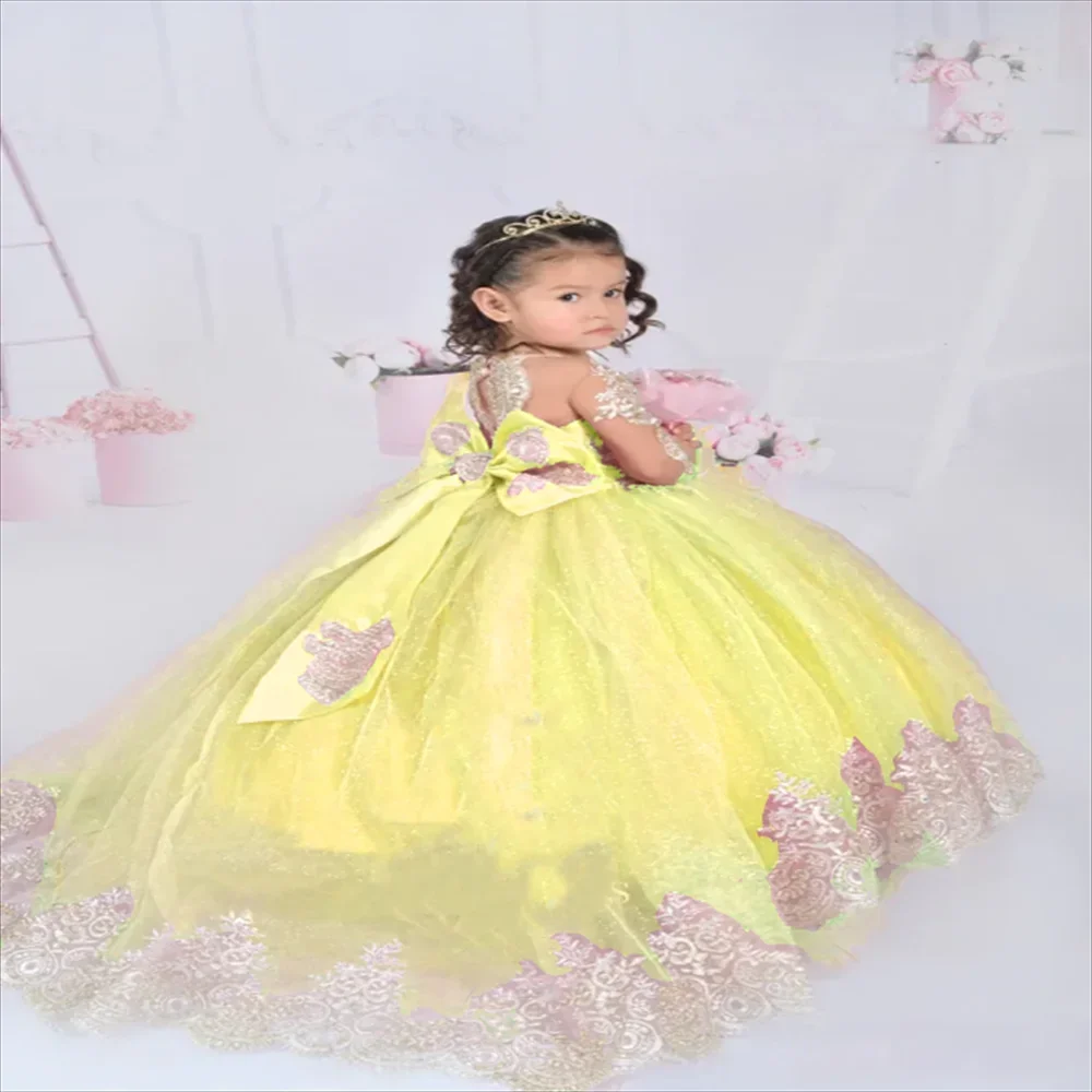 

Cute Light Yellow Flower Girl Dresses For Satin Bow Fluffy Pageant Baptism Child Birthday Wedding Dress 1st Communion
