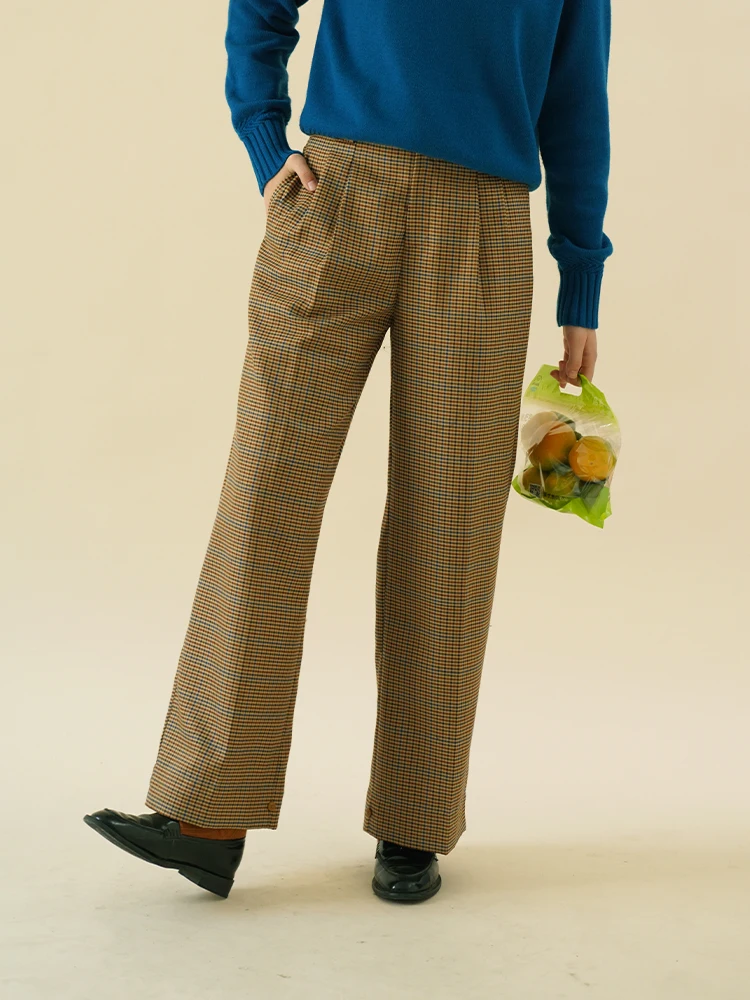 

Брюки прямого кроя цвета экрю с высокой талией, двусторонние, из шерстяной смеси, в британском стиле, осенне-зимние, с узором в клетку