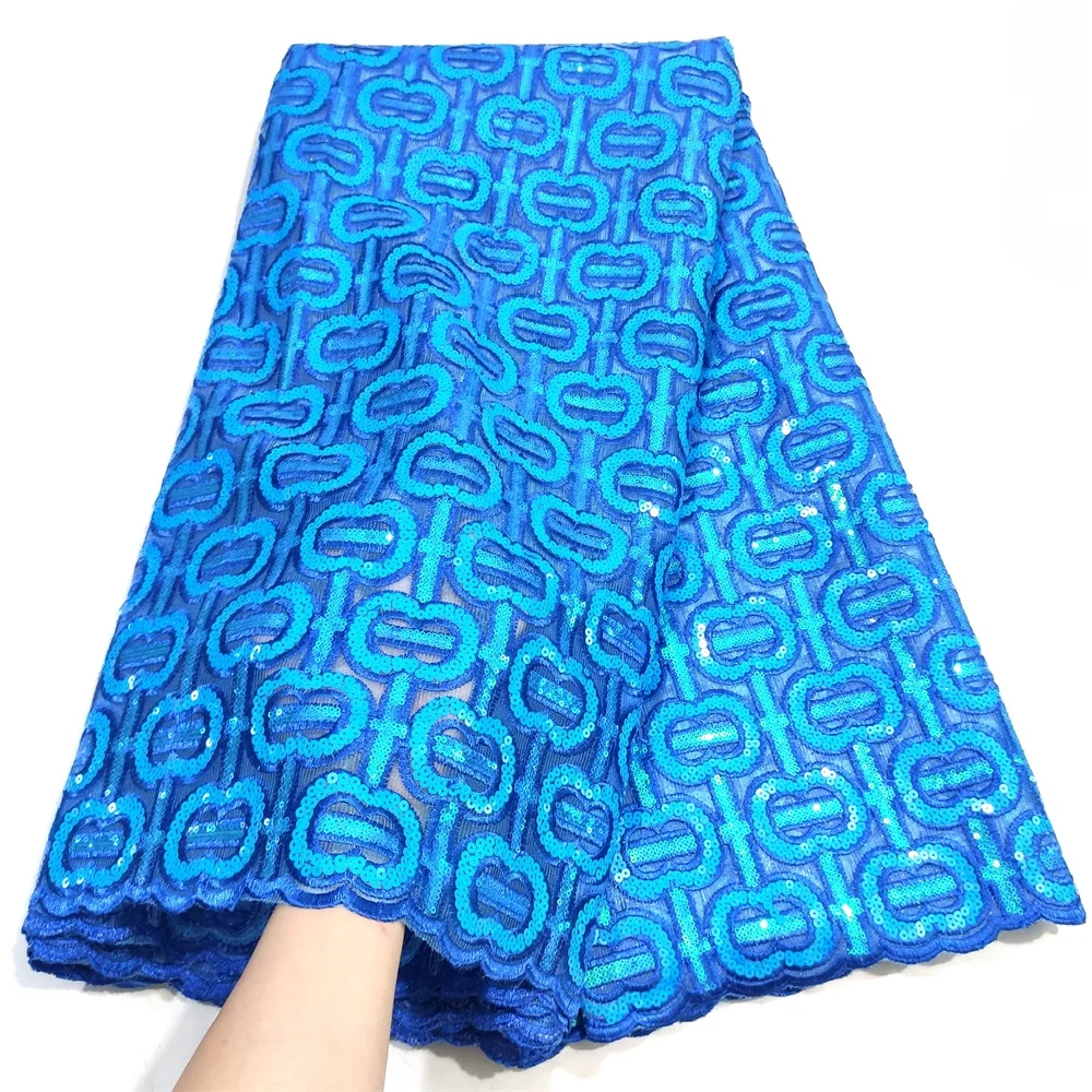 

Double Net French Lace Fabric 2022 High Quality Sequence Lace Fabric Blue Cord Sequins Mesh Tulle Lace Material For Dress