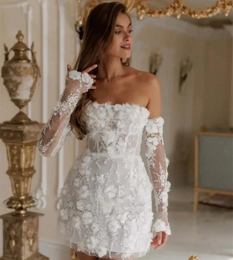 Vestido de novia corto con apliques florales en 3D, corsé desmontable de manga larga sin tirantes, espalda abierta, para playa, 2024