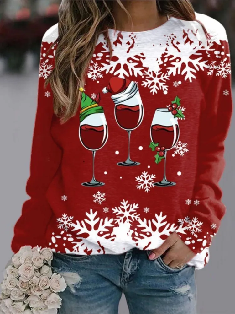 Women's Autumn Collection Solid Color Round Neck Shoulder Knitted Christmas Wine Glass Snowflake Fashion Printed Long Sleeve Top